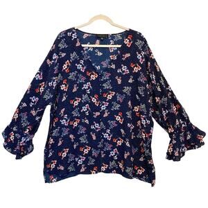 Sanctuary Blue Floral Blouse V Neck Bell Sleeves Button Front Shirt Feminine